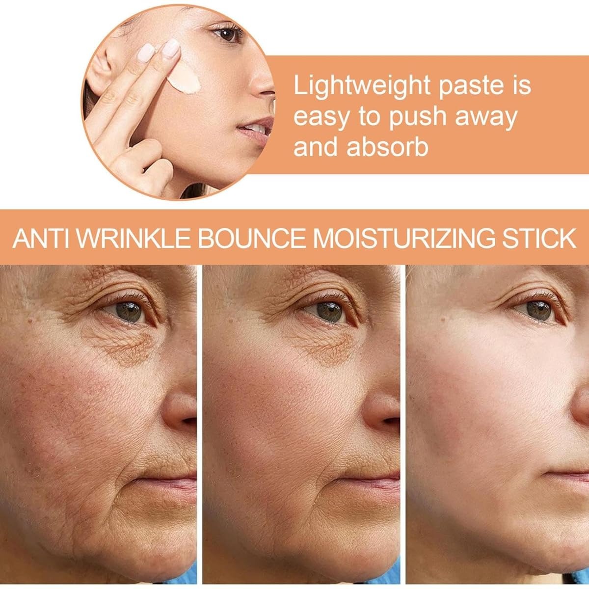 Advertisement for an anti-wrinkle moisturizing stick showing before and after effects on skin.