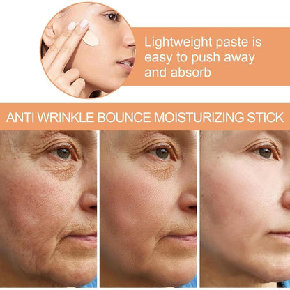 Advertisement for an anti-wrinkle moisturizing stick showing before and after effects on skin.